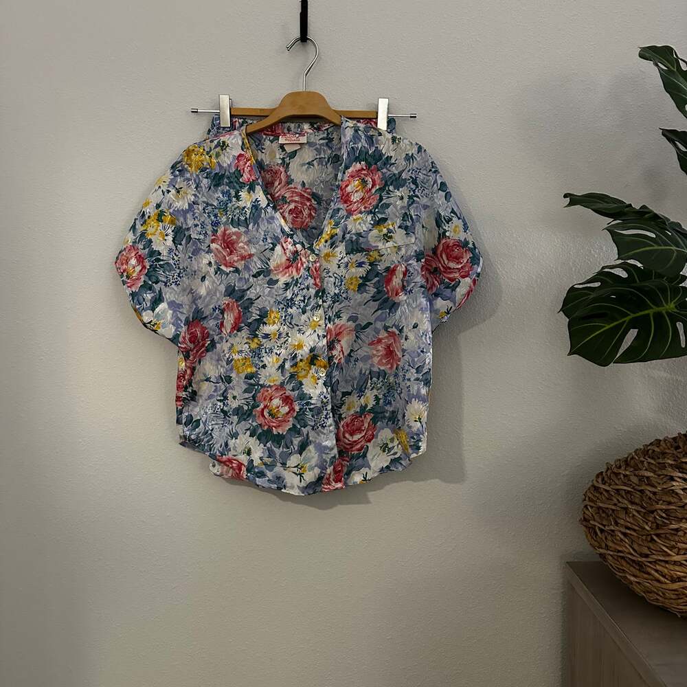 VTG Floral Print Pink Blue Women's Short-Sleeved Pajama Set Size S